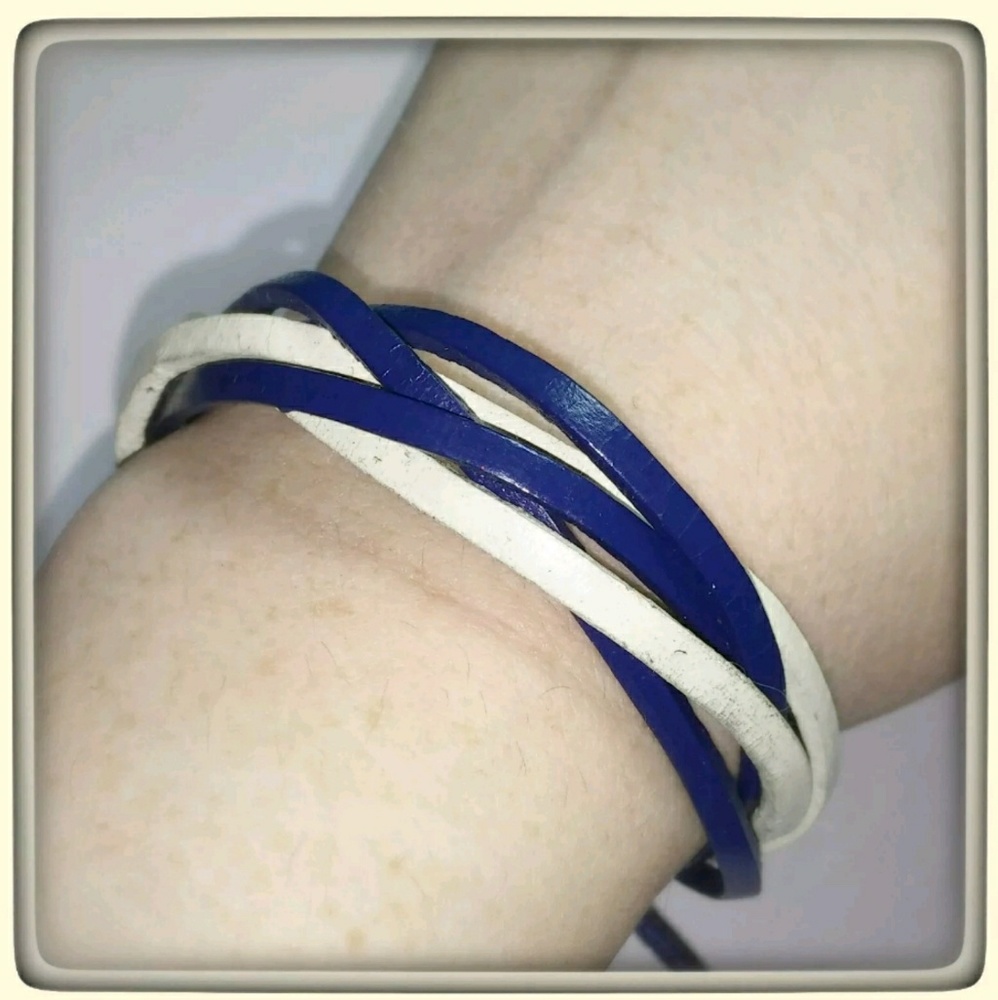 DARK ROYAL BLUE & WHITE CUFF LEATHER ADJ BRACELET